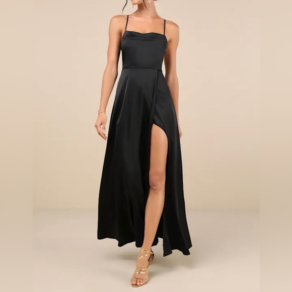 Lulus Dresses & Skirts - Lulus NWT “So Loving” Black Satin Pleated Lace Up Backless Maxi Dress Size Large